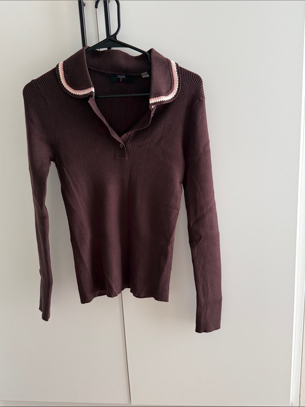 Tahari Brown Ribbed Long-Sleeve Polo with Pink Trim